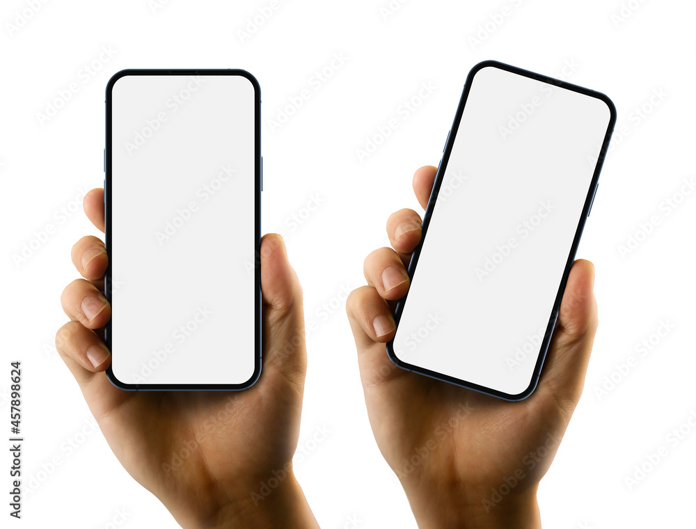 Poster man hand holding smartphone with a blank screen. vertical and angled positions