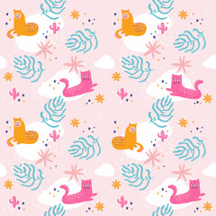 Repeating bright background with cartoon cats. Trendy seamless pattern with flat cats. Pink print for fabric and packaging