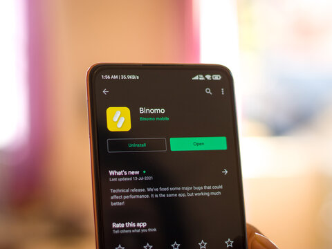 Assam, india - July 28, 2020 : Binomo a easy online stock trading app.
