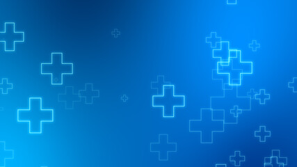 Medical health blue cross neon light shapes pattern background. Abstract healthcare technology and science concept.