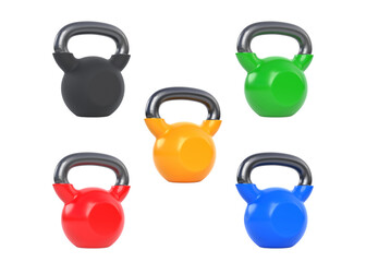 Naklejka na ściany i meble Set of colored dumbbells isolated on a white background. Front view. Gym and fitness workouts concept. Sport equipment. Workout tools. 3D render illustration