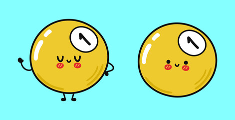 Funny cute happy yellow billiard ball characters. Vector kawaii line cartoon style illustration. Cute yellow billiard ball mascot character