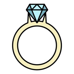Gold ring with a diamond icon. Outline gold ring with a diamond vector icon color flat isolated