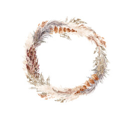 Fototapeta premium Pampas grass wreath painted in watercolor. Boho floral neutral colors circle frame. Botanical boho design isolated on white. Bohemian style wedding invitation, greeting, card, stickers, scrapbooking