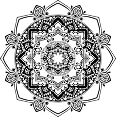 Black and white mandala.  Circle pattern. Spiritual and ritual symbol of Islam, Arabic, Indian religions. Oriental motifs.