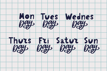 Names of days of the week, vintage grunge typographic, uneven stamp style lettering for your calendar designs