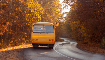 Fototapeta na wymiar Road with school bus in beautiful autumn forest at sunset.