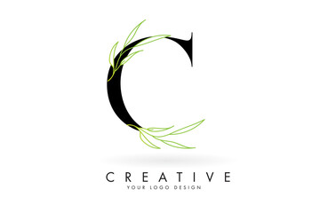 Elegant C letter logo design with long leaves branch vector illustration. Creative icon with letter C and natural elements.