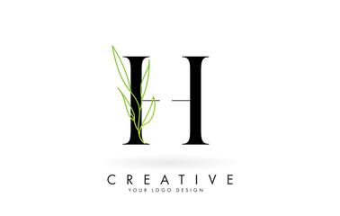 Elegant H letter logo design with long leaves branch vector illustration. Creative icon with letter H and natural elements.