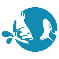 Fish in a blue circle and water drops. Fishing and sea food symbol