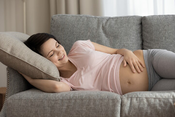 Good dream. Smiling millennial mother to be enjoy nap at midday on soft cozy couch. Healthy woman expecting baby relax on comfortable sofa caress embrace belly breath fresh air has pleasant daily rest