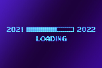 The loading scale is 2021 to 2022. Happy New Year. Modern design on a dark background. Design template, header for the site, poster, New Year's card. 3D illustration, 3D render.