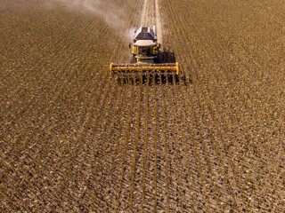 A combine harvester harvests sunflowers from the fields