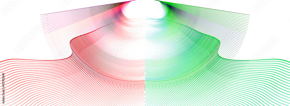 Poster red and green wavy striped planes are located on a white background. two backgrounds in one. abstrac