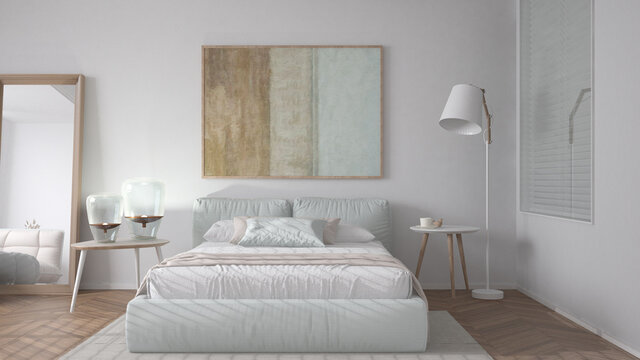 Modern bright minimalist bedroom in white tones, double bed with pillows, duvet and blanket, parquet, window, table with lamps, mirror with pouf, carpet, interior design idea