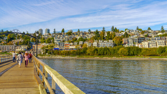 Town of White Rock, BC, seen from Pier Bridge - the longest pier in BC - and showing many homes with great sea views