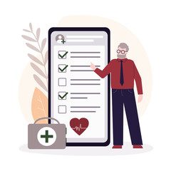 Old man check up health in mobile application. Сoncept of healthcare, medical insurance and personal health care. Preventive examinations reduce
