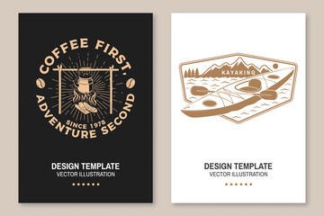 Set of travel inspirational quotes. Vector Concept for shirt or logo, print, stamp or tee. Vintage typography design with coffee pot on camping fire, kayak and mountain silhouette. Camping quote.