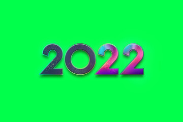 Multicolored, multicolored numbers 2022 on a green background, isolate. Happy New Year. Modern design, Template, header for the site, poster, New Year's card, flyer. 3D illustration, 3D render.