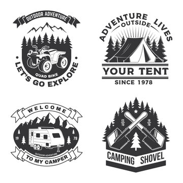 Set of camping badges, patches. Vector illustration. Concept for shirt or logo, print, stamp or tee Vintage typography design with camping equipment, forest, camper rv, atv and mountain silhouette