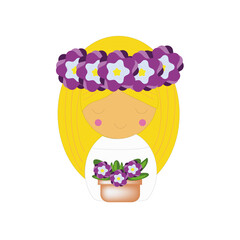 Girl with blond hair and a basket of flowers in her hands
