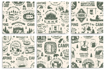 Fototapeta na wymiar Set of outdoor adventure seamless pattern, background. Vector. Seamless camping pattern with hiking boots, camping tent, lantern, axe, mountains, bear, deer, forest silhouette. Camping texture.