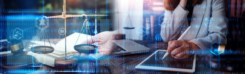 Business and lawyers discussing contract papers with brass scale on desk in office. Law, legal...
