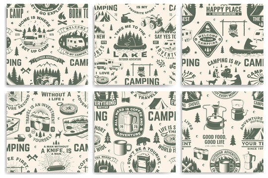 Set of outdoor adventure seamless pattern, background. Vector. Seamless camping pattern with hiking boots, camping tent, lantern, axe, mountains, bear, deer, forest silhouette. Camping texture.