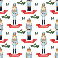 Seamless pattern with watercolor hand-drawn nutcrackers and holly berry. - 457904078