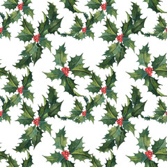 Christmas pattern with watercolor hand drawn holly berries - 457904084