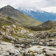 Fototapeta na wymiar Le désert de Platé dans les alpes françaises en face du Mont Blanc, un ensemble calcaire formé de lapiaz. Situé en haute altitude et uniquement accessible à pieds.