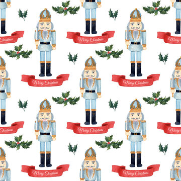 Seamless pattern with watercolor hand-drawn nutcrackers and holly berry.