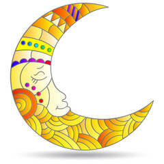 Stained glass illustration  with a  moon with faces, isolated on a white background 