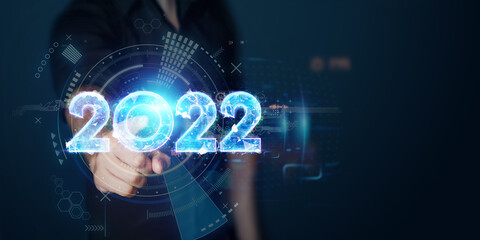 Blue hologram number 2022 on the background of a businessman. Happy New Year. Modern design, Template, header for the site, poster, New Year's card, flyer.