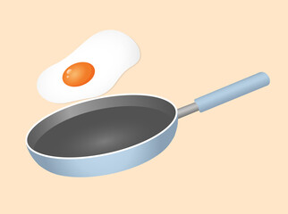 Flat illustration of a frying pan with a flying egg for advertising, web, menu, restaurant. Good morning with delicious scrambled eggs breakfast.