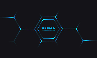 Blue bright energy flashes under hexagon in futuristic modern technology background. Black hexagonal technology abstract vector background. Dark gray honeycomb texture grid. Vector illustration. - obrazy, fototapety, plakaty