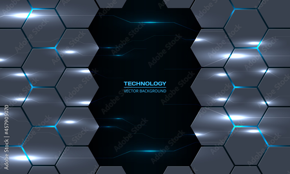 Leinwandbilder Abstract technology hexagon background with circuit electric lightning lines. Dark gray hexagonal tech vector abstract vector background. Blue bright energy flashes under honeycomb texture grid.