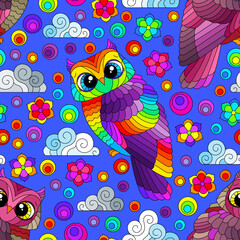 Obraz premium Seamless pattern with a cute bright owls, flowers and clouds, birds on a blue background