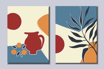 Set of abstract posters with plant and still life. Vector illustration.