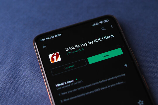 West Bangal, India - August 21, 2021 : Icici imobile logo on phone screen stock image.