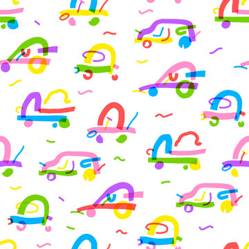 Seamless pattern of different cars in bright colors. Background abstract cars in simple line style. Kids drawing. Childrens minimalist background. Print for babys design. Vector colorful automobiles.