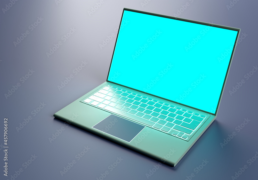 Poster laptop on a gray background. an open laptop. an electronic gadget. portable computer. computer equip
