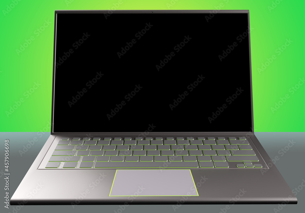 Poster isolated laptop with an empty space on green background. space for text on the laptop screen. electr