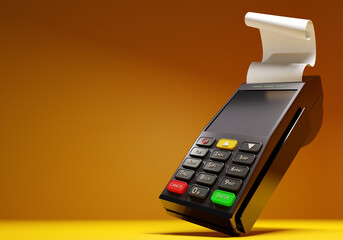 POS terminal on an orange background with space for text. Device with the function of printing a receipt. Device for plastic cards payment. Payments by bank cards by means of terminal. 3d rendering. - obrazy, fototapety, plakaty