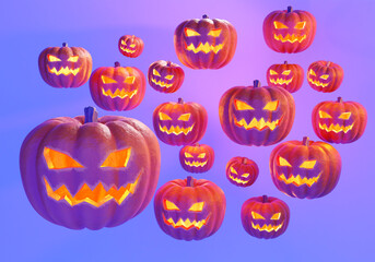 Halloween background with pumpkins. Jack lanterns hang in the air. Pumpkins with carved faces on a lilac background. Background for All Saints Eve. 3d rendering.