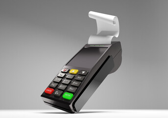 Credit card reader isolated on grey background. Payment terminal with paper receipt. POS terminal is hanging in air. Mobile device for paying with bank cards. 3d image. Payment equipment for business © Grispb