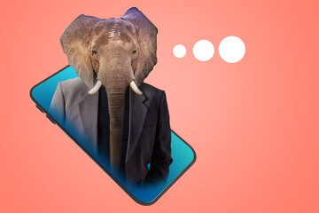 A man with an elephant head. An elephant in a business suit on the background of a smartphone. Metaphor - strength and power in business. Contemporary art. Abstract collage on a pink background.