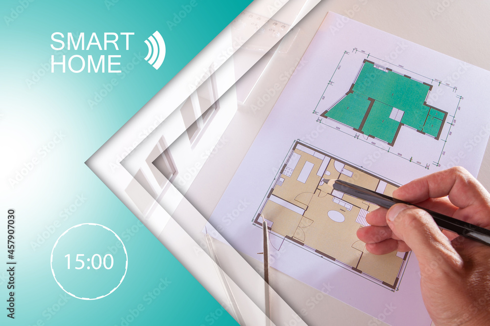 Poster designing a smart home. smart home automation. developing a dwelling automation system. construction