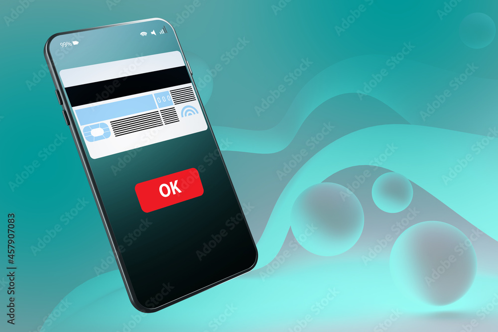 Poster payments using smartphone. the image of the bank card on the mobile phone screen. payment for goods 