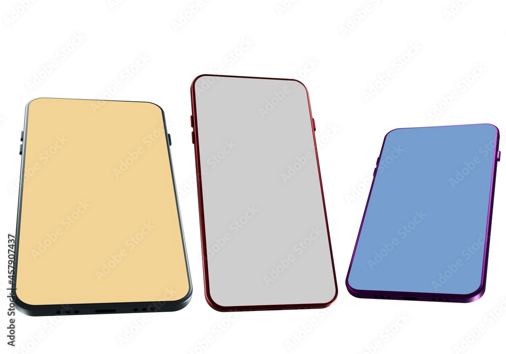 Poster three smartphones with blank screens of different colors. layout with three smartphones. mobile phon